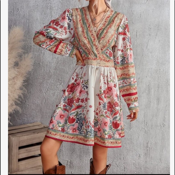 Bohemian Floral Print Surplice A Line Dress - Picture 6 of 6